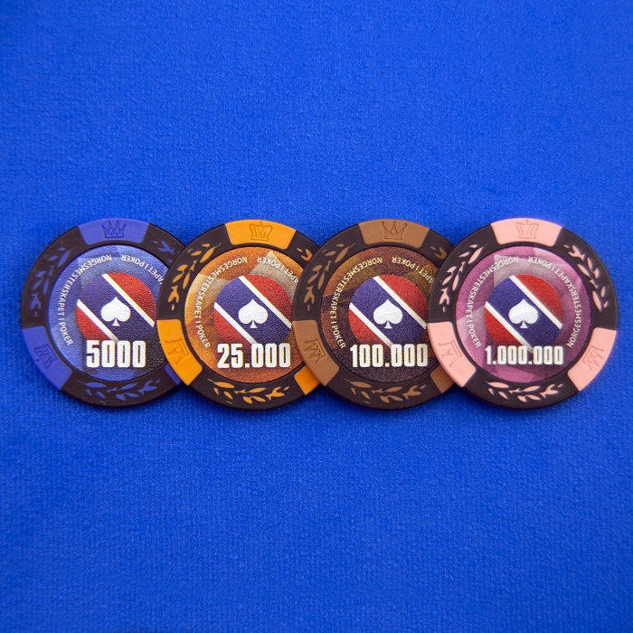 Chips sjetonger Norgesmesterskapet i Poker homegame valør 5000 og 25000 og 100000 og 1000000