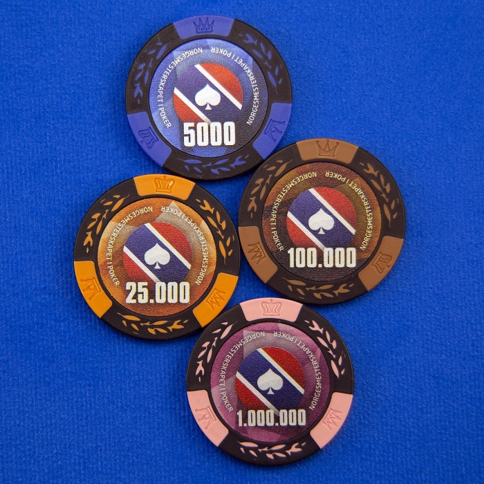 Chips sjetonger Norgesmesterskapet i Poker homegame valør 5000 og 25000 og 100000 og 1000000