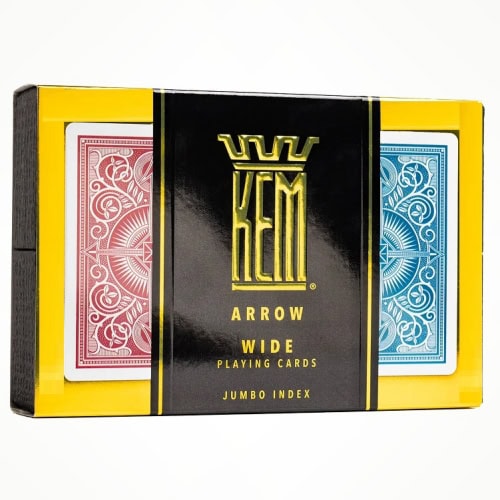 KEM Arrow Wide Jumbo index 2, 2-pakning med 52 kort, 2 jokere og 2 reklamekort. Rød og blå kortstokk. KEM poker jumbo er en av våre mest slitesterke kort.