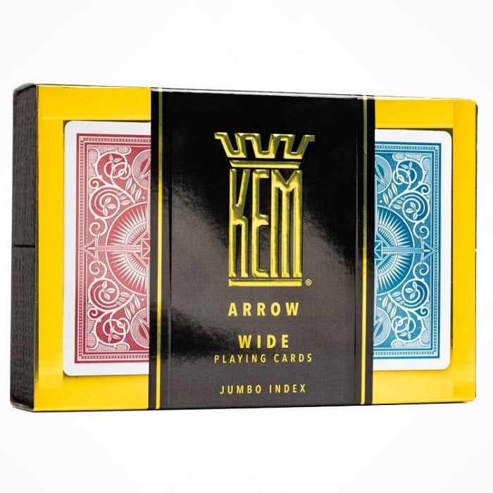 KEM Arrow Wide Jumbo index 2, 2-pakning med 52 kort, 2 jokere og 2 reklamekort. Rød og blå kortstokk. KEM poker jumbo er en av våre mest slitesterke kort.