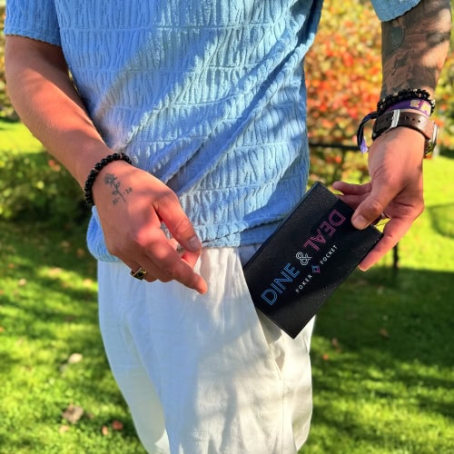 Poker Pocket chipset i et kompakt format, inkludert dealer button, all-in button, sjetonger, kort og turneringsstruktur.